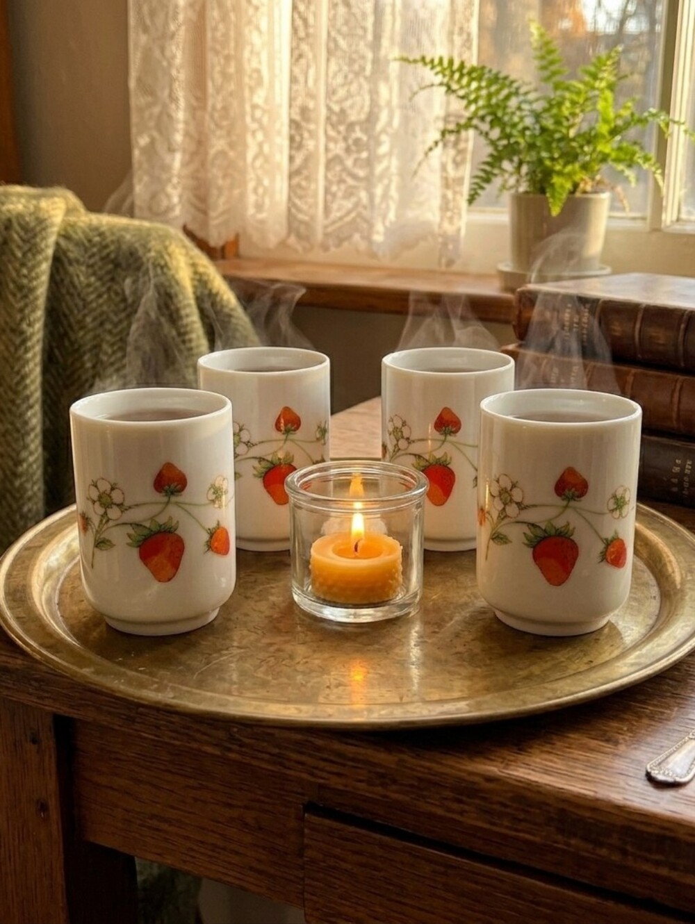 Vintage Strawberry Design White Ceramic Mugs Set Of 4 🍓